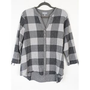 Habitat Top Henley Plaid Tie Sleeve Crinkle Boho Lagenlook Black White Size L